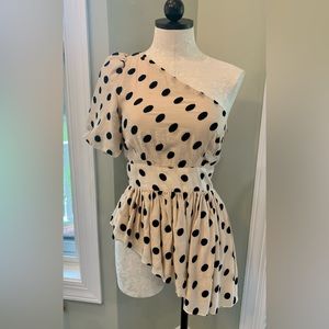 One Shoulder Polka Dot Ruffle Blouse with asymmetrical hem | Size Small